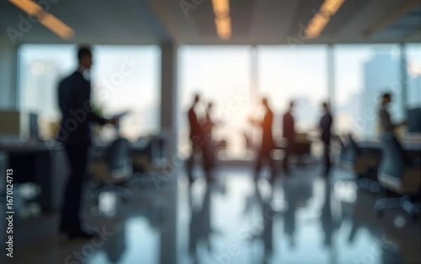 Fototapeta Modern office workspace with blurred background of busy colleagues. High quality