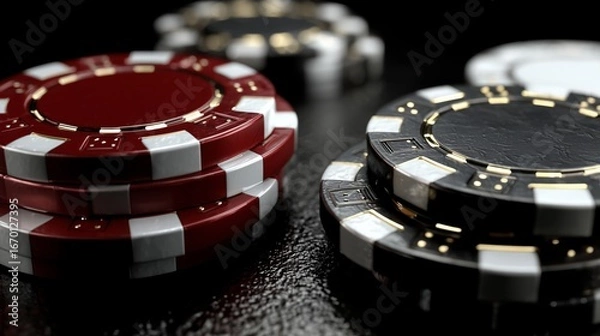 Obraz Stack of Red and Black Casino Poker Chips on Dark Background Representing Gambling Concept
