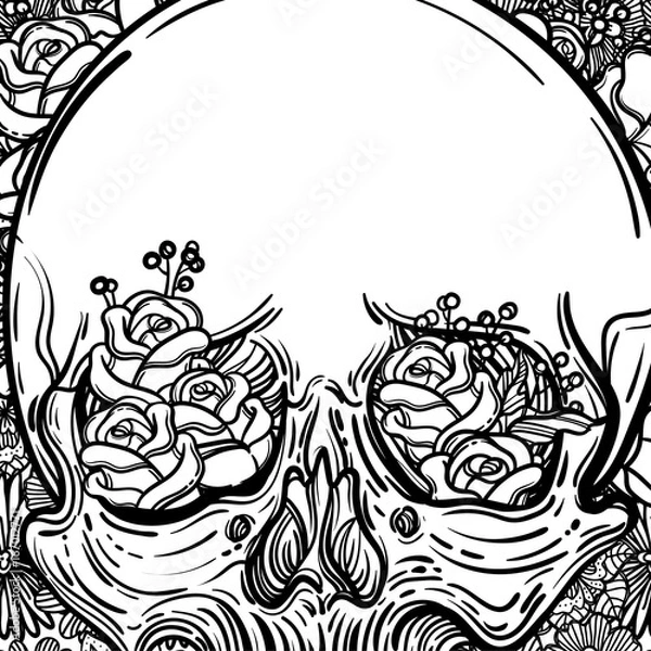 Fototapeta Line art illustration. Scary skull and flowers. Vintage print for St. Valentine s Day. Sketch for tattoo, hipster t-shirt design, vintage style posters.