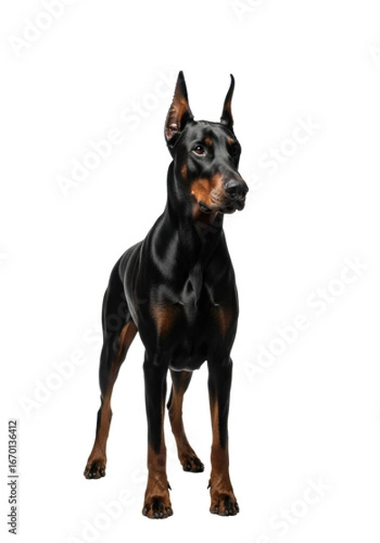 Fototapeta Majestic adult Doberman Pinscher with sleek black coat, cropped ears, and intense watchful gaze, standing alert on transparent studio background, loyal guardianship concept