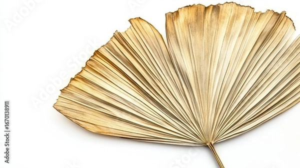 Fototapeta a dried palm leaf in warm beige and earthy brown tones, positioned diagonally on a white background the leaf's structure is fanned out, showcasing the delicate ribbing and fine lines that run from
