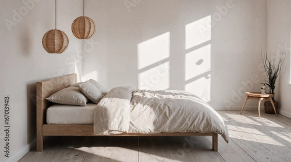 Fototapeta Japandi Bedroom with Low Platform Bed and Paper Lantern