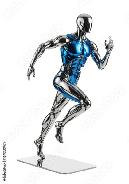 Fototapeta Full-length polished steel, metallic blue, chrome athletic human sculpture mid-stride, isolated on a transparent studio background with copy space, concept of futuristic innovation