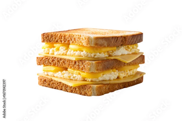 Fototapeta Multi-layered grilled cheese sandwich with scrambled eggs, melted cheese, and perfectly toasted bread slices stacked high, isolated on a transparent background