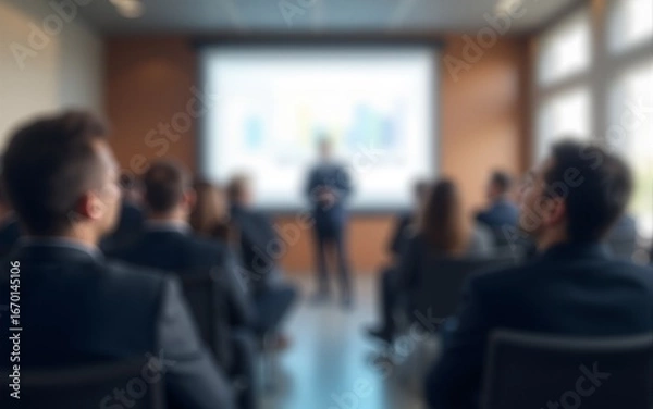 Fototapeta Unfocused Business Presentation Area - Gentle blur effect of a business presentation area with attendees. High quality