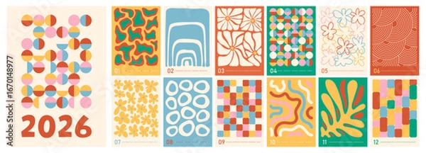 Obraz Calendar. Calendar 2026. Year 2026. Calendar template series. Monthly template. Retro style. Geometric shapes. Doodle illustrations. Vector calendar
