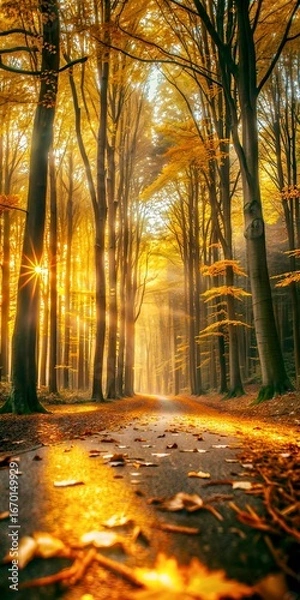 Obraz Golden Autumn Forest Path Bathed in Sunlight Rays