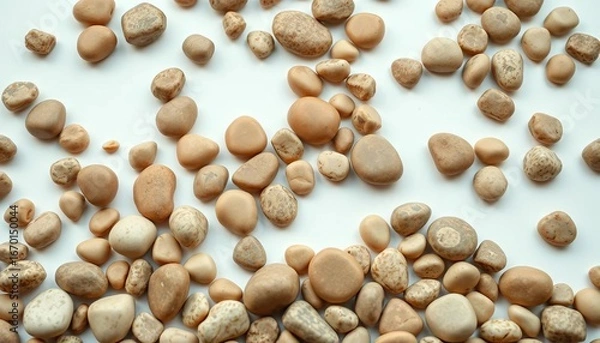 Obraz Earthy-toned smooth pebbles scattered organically on pristine white background, pebbles, spa