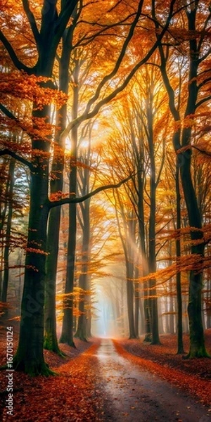 Obraz Sunlight Filters Through Autumn Forest Trees Onto A Leaf Covered Path