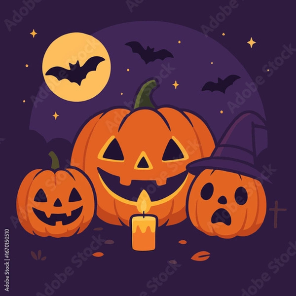 Fototapeta Carved Halloween pumpkins glowing at night with bats and moon in background.