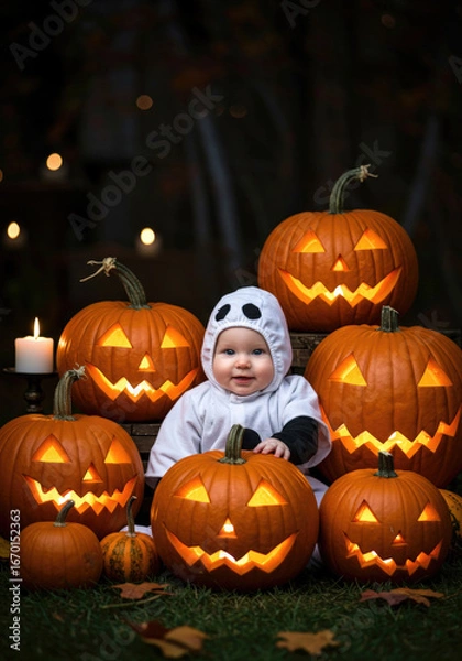 Fototapeta Cute baby in Halloween theme ghost costume sitting with Jack O Lantern pumpkin heads.