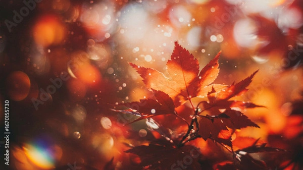 Fototapeta A beautiful, abstract image of red maple leaves with a soft, colorful bokeh background. This magical and vibrant scene captures the enchanting colors of the autumn season.