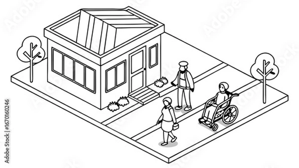Fototapeta Isometric illustration of people near a building with a wheelchair.