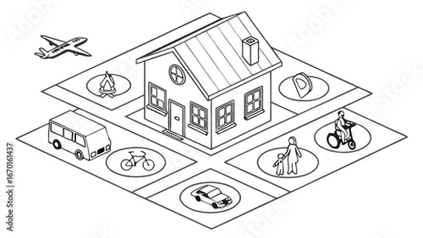 Fototapeta Isometric illustration of a house with surrounding transportation and family activities.