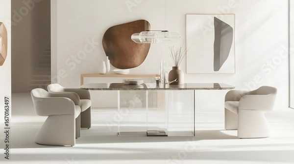 Fototapeta Minimalist cocktail table with a clear acrylic base and a stone top surrounded by contemporary chairs in a light filled room with white walls and abstract decor for a clean stylish look