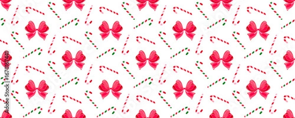 Fototapeta Candy cane Christmas background with cute red bow. Seamless coquette pattern with striped candy sticks, vector illustration for New Year's Eve or perfect themed seasonal holiday design