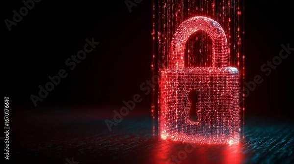 Fototapeta Digital security concept - glowing red padlock symbol with binary code falling on a dark background, representing cybersecurity and data protection