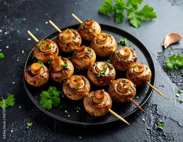 Fototapeta Roasted mushroom skewers on a dark plate