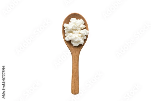 Fototapeta Kefir on a Wooden Spoon: A close-up captures a generous spoonful of creamy, probiotic-rich kefir nestled in a rustic wooden spoon, inviting health and wellness.