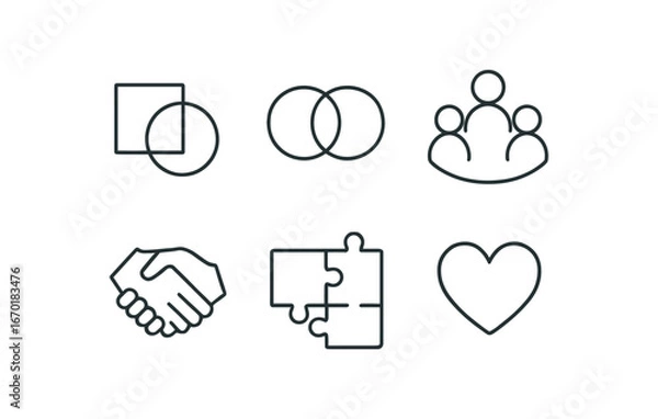 Obraz simple outline stroke icon isolated on white background: union linked rings group circle handshake mark puzzle join heart icon
