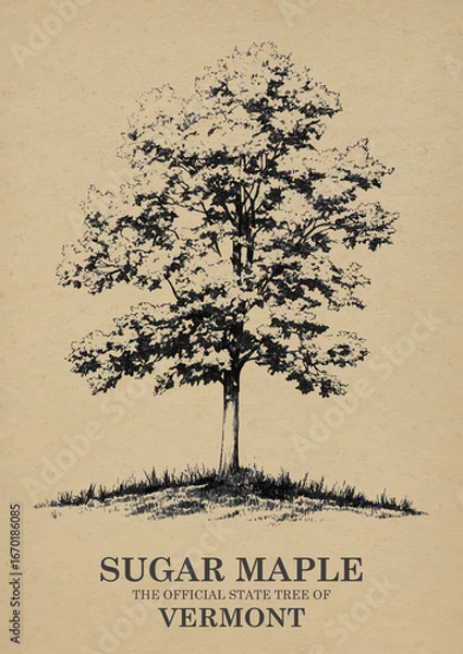 Obraz Vermont State Tree Sugar maple Wall art Poster, Illustration For Wall Hanging Home Decoration Vintage Wall Art, Us State Poster