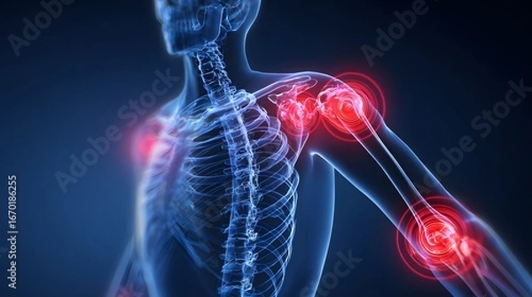 Obraz Digital medical illustration of human skeleton highlighting joint pain, arthritis inflammation, and musculoskeletal health issues