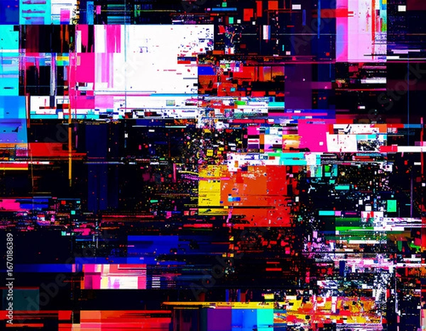 Obraz 情報都市の神経網が焼き切れる瞬間、ビル群はピクセル化し、空間はノイズの津波に飲み込まれるアブストラクトなイメージ