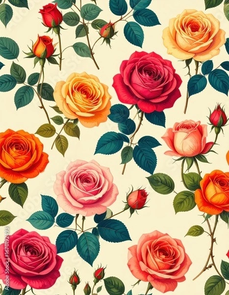 Obraz A Vibrant Tapestry of Vintage Botanical Roses in Full Bloom.