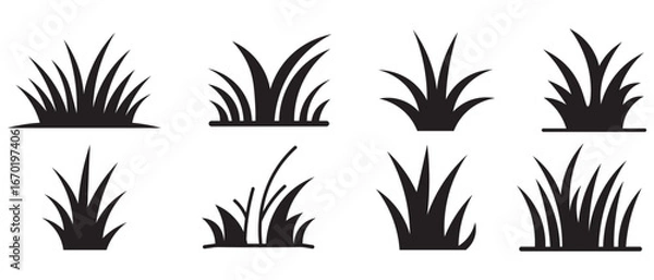 Obraz Set of grass silhouette icons with different styles. Black lawn grass icon vector design template. Landscape design and nature graphics. Vector illustration. 