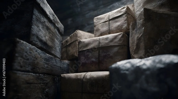 Fototapeta An old storage room filled with unopened parcels a forgotten delivery scene