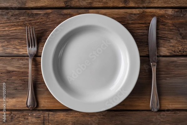 Obraz A silver fork and knife are on a wooden table with a white plate