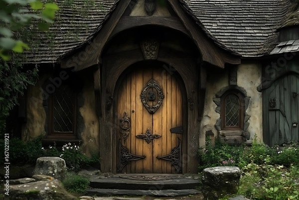 Fototapeta An ancient wood-frame cottage with a heavy oak door, carved details, and medieval-style metalwork 