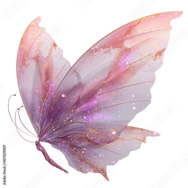 Fototapeta Ethereal butterfly with translucent pink and purple glitter wings on transparent background