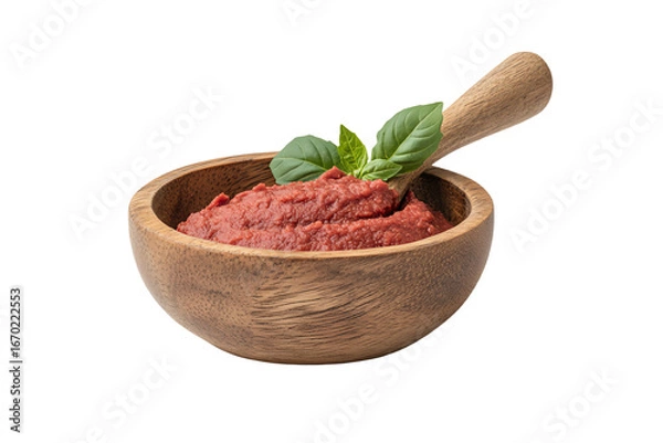 Fototapeta Fresh tomato paste in a wooden bowl with a basil sprig, perfect for cooking and culinary preparation.
