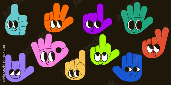 Fototapeta Doodle hands set with funny faces. Finger heart, hello and okay shaped gesture hands mascot. Colorful vector illustration
