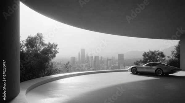 Fototapeta Futuristic car in minimalist concrete structure overlooking modern cityscape