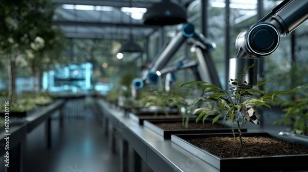 Fototapeta Robotic arms tending plants in a modern indoor greenhouse Automated agriculture technology