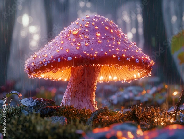 Fototapeta Glowing red mushroom in a misty forest background
