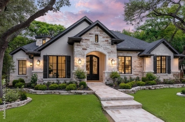 Fototapeta the front view of an elegant single-story stucco and stone home in san antonio, texas