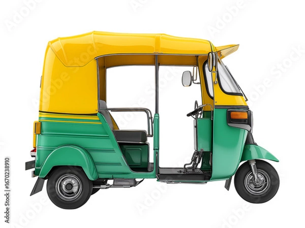 Fototapeta Vibrant Green and Yellow Auto Rickshaw isolated on a transparent background