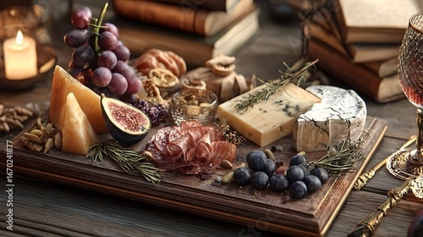 Fototapeta Cheese board with charcuterie and wine a gourmet appetizer for a fancy party or gathering event food photography