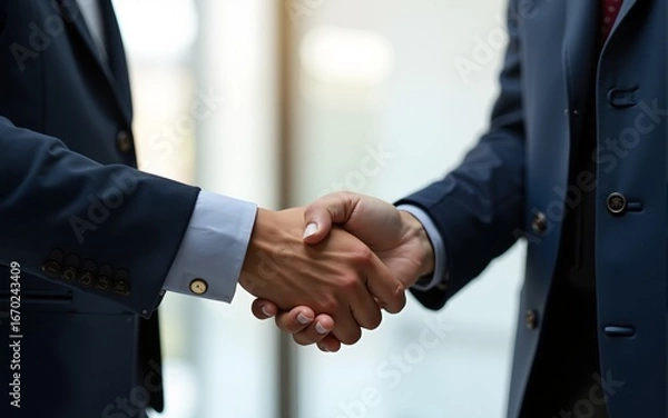 Obraz Business partnership meeting. Picture businessmans handshake. Successful businessmen handshaking after good deal. Horizontal, blurred background. High quality