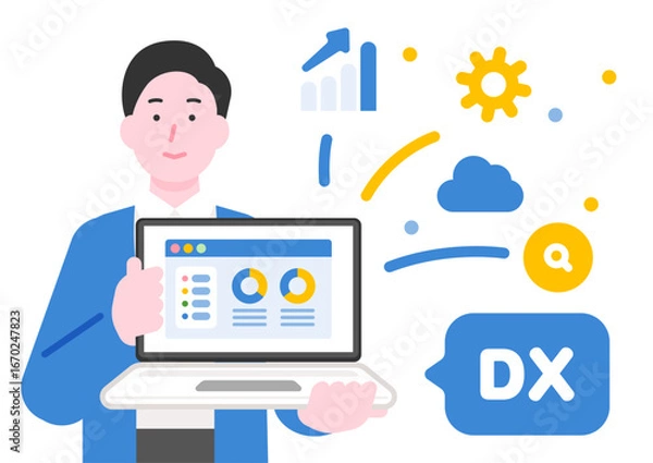 Obraz デジタルトランスフォーメーションとデータ分析のイラスト（ビジネスDX）