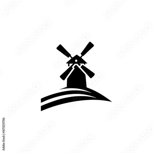 Fototapeta Silhouette of Windmill on Hill – Minimal Renewable Energy, Nature, Landscape, and Eco Vector Illustration