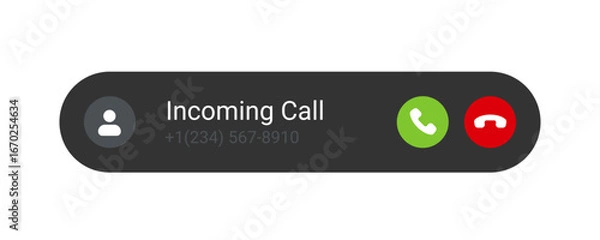 Fototapeta Incoming Call Notification Icon Vector Illustration. Modern incoming call notification icon with green accept and red decline buttons, featuring a contact silhouette and phone number.