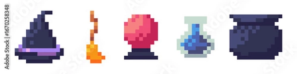 Obraz Magic pixel art halloween icon for game. Witch hat for retro 8bit magician costume. Scary autumn wizard set with potion, pot and broom. Arcade sprite illustration with mosaic cauldron decoration