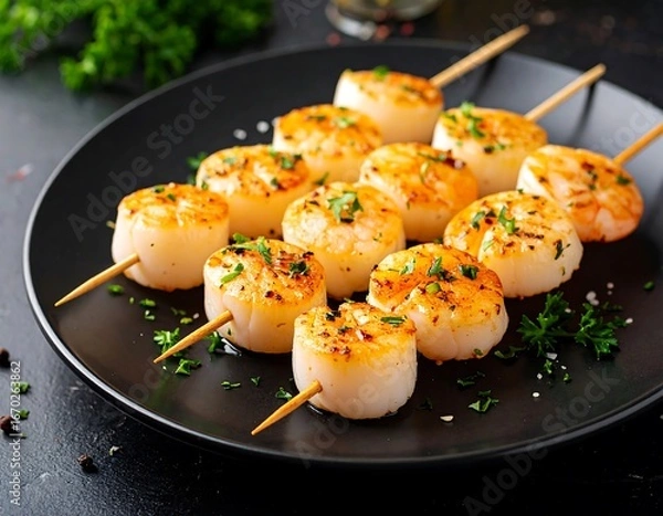 Fototapeta Roasted scallops on skewers, garnished with herbs