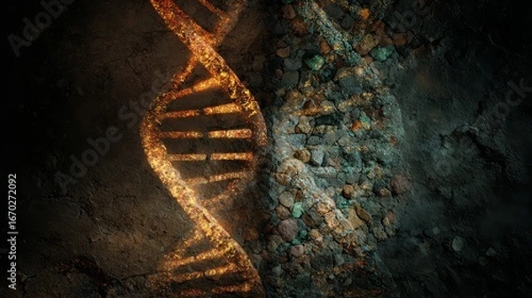 Fototapeta Two ancient DNA strands diverging, one glowing brightly with intricate patterns, the other fading into fossilized fragments, symbolizing evolution and decay.