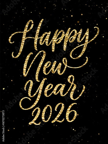 Fototapeta Elegant Happy New Year 2026 greeting in golden glitter script on black background. Perfect for festive cards, invitations, social media, or seasonal branding. Vector
