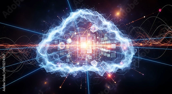 Fototapeta An abstract cloud with lines and squares in a dark digital space